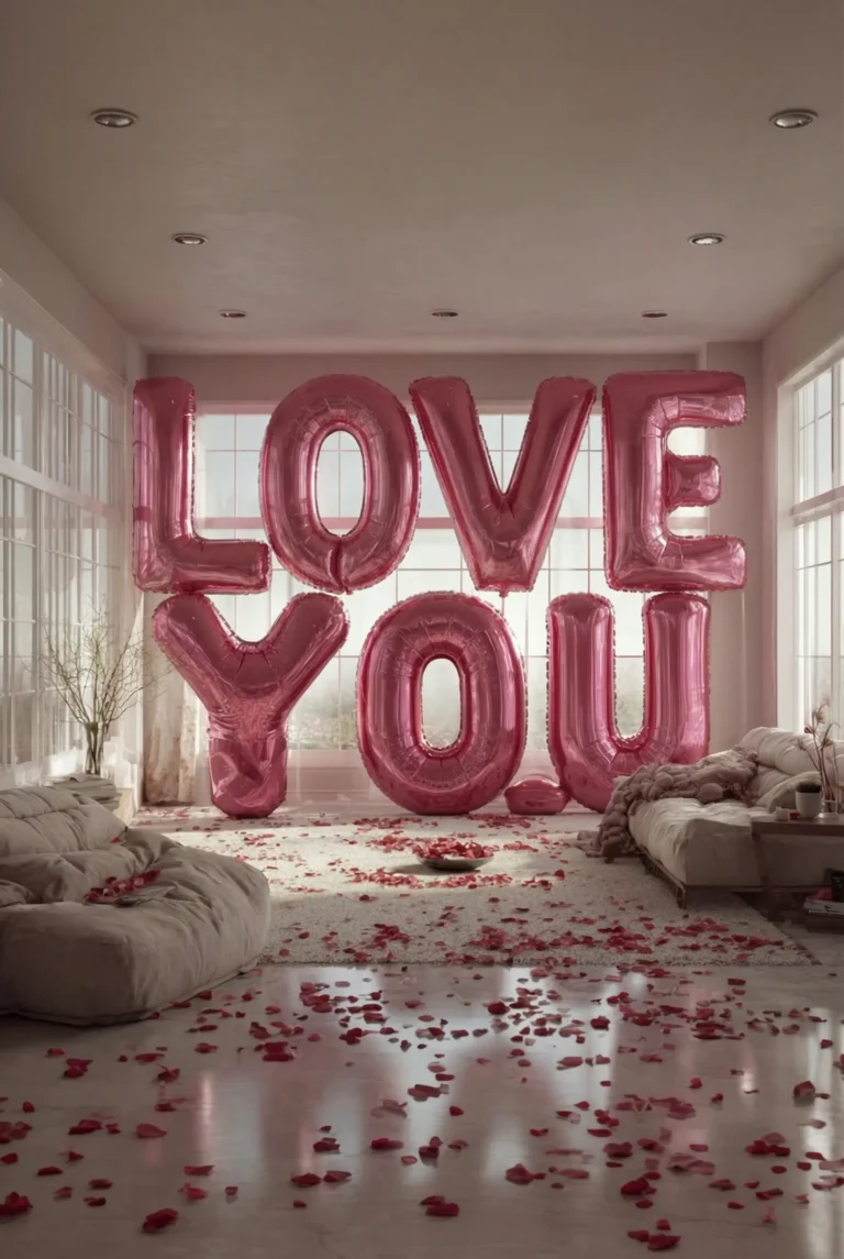 “LOVE YOU” balloon letters arranged in a bedroom with rose petals, romantic Valentine’s Day room decor idea.
