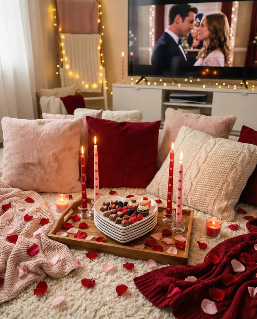 Cozy Valentine’s Day movie night setup with heart-shaped plates of chocolates, candles, soft blankets, and romantic living room decor