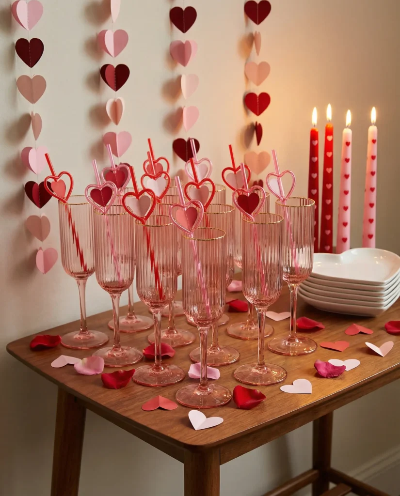 Galentine’s Day drink station with pink champagne glasses, heart-shaped straws, candles, and hanging paper heart decor