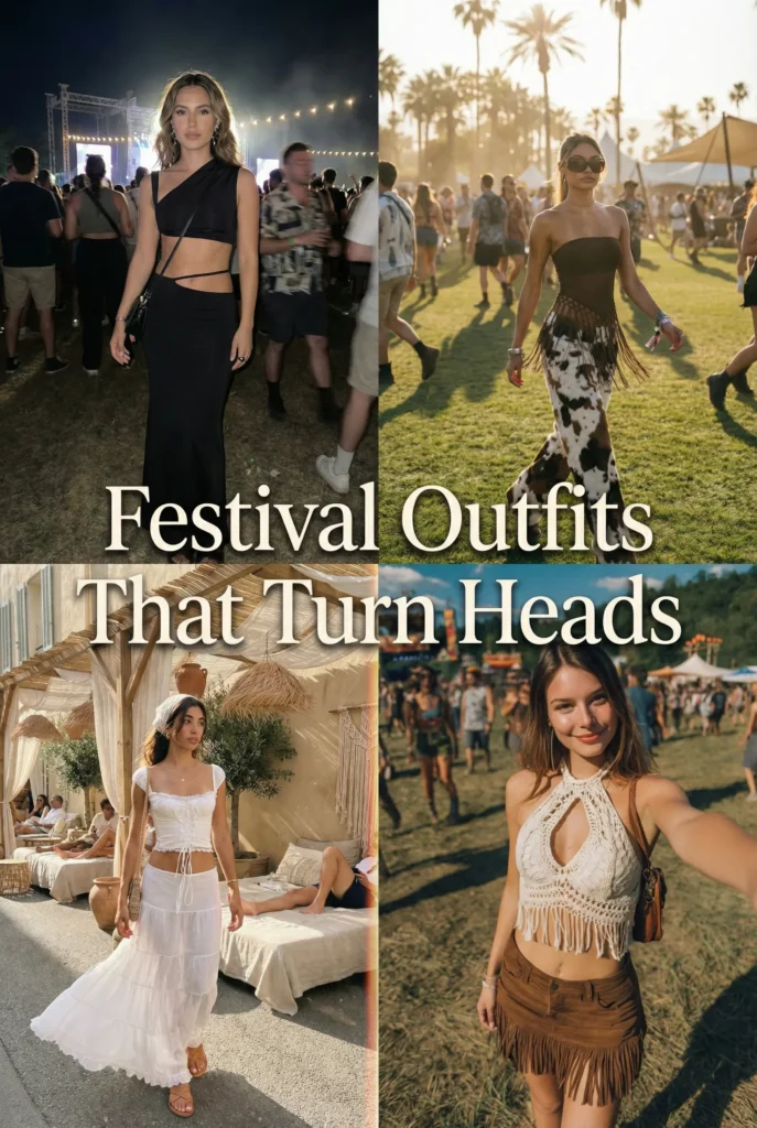 Festival outfits 2026 collage featuring romantic, boho and western inspired looks at summer music festivals