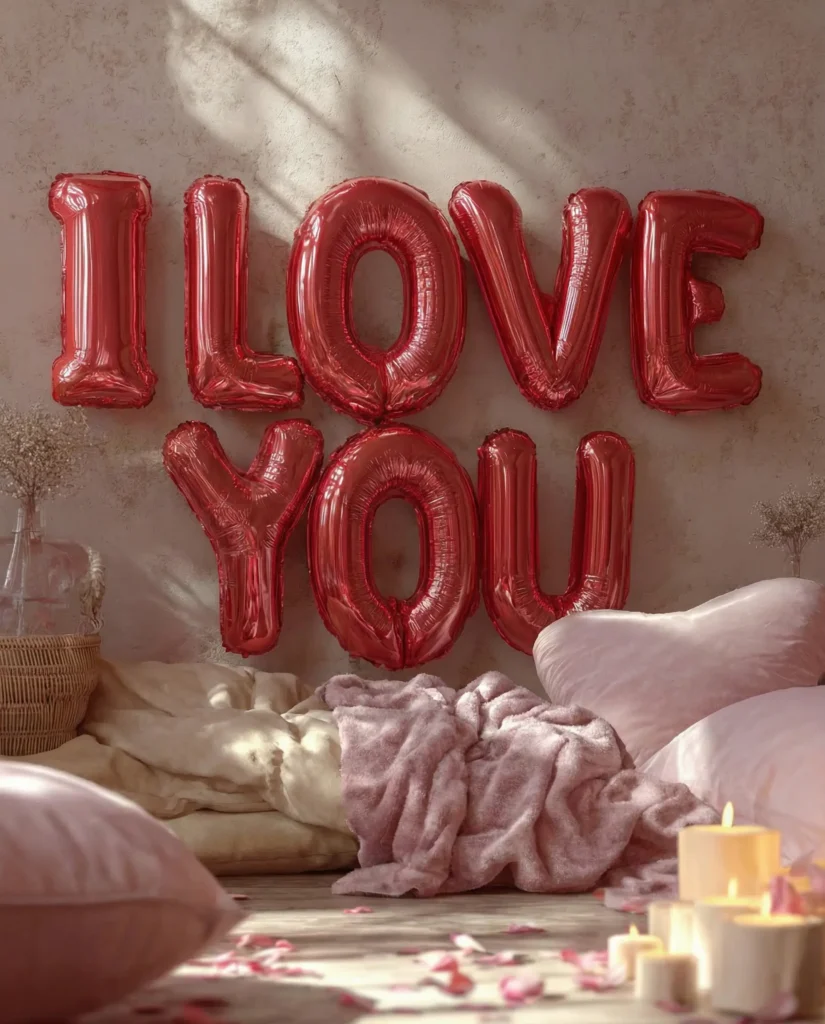 Romantic Valentine’s Day bedroom decor with red foil balloons spelling I love you, soft pillows, candles, and rose petals in warm natural light