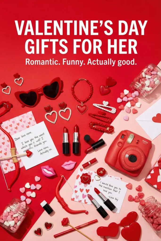 Valentine’s Day gifts for her flat lay with red accessories, beauty items, instant camera and romantic details