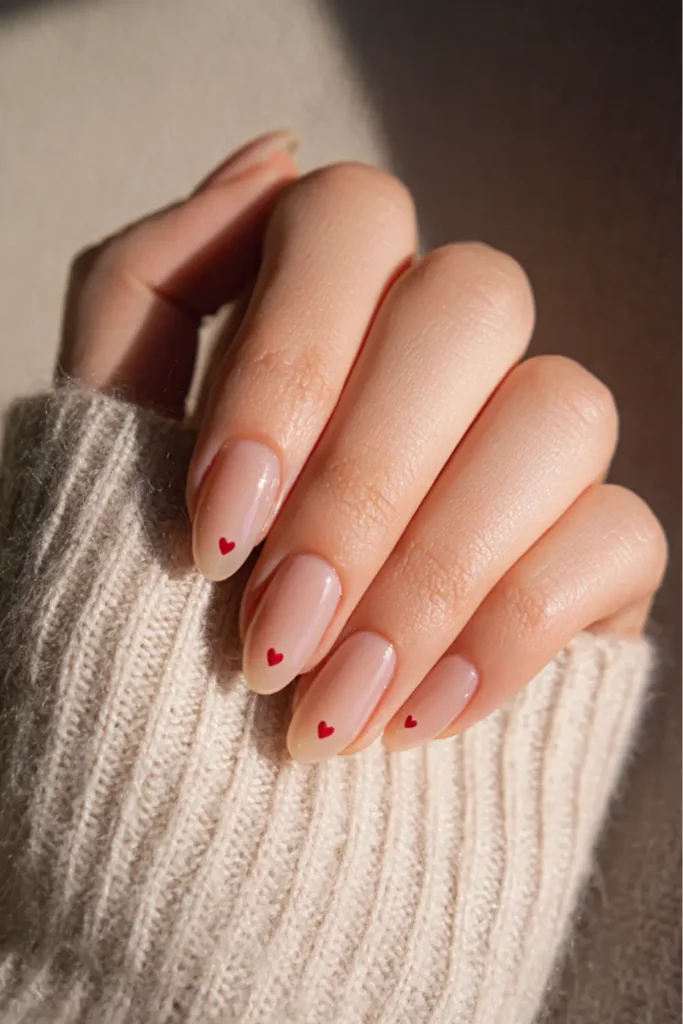Soft nude Valentine’s Day nails with mini red heart accents and glossy finish