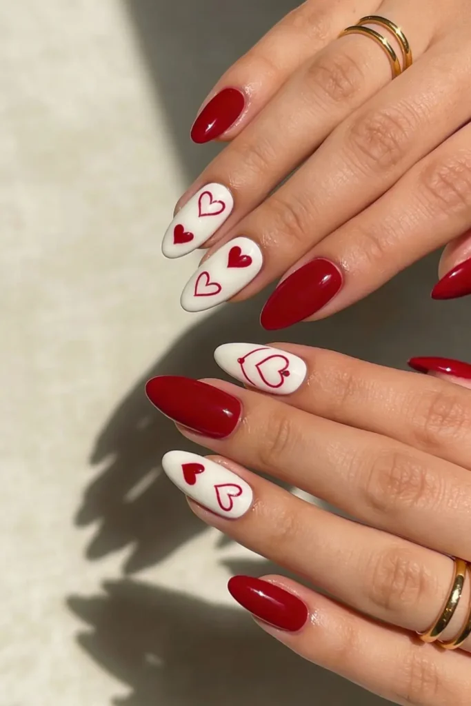 Red and white almond Valentine’s Day nails with hand drawn heart art and glossy finish