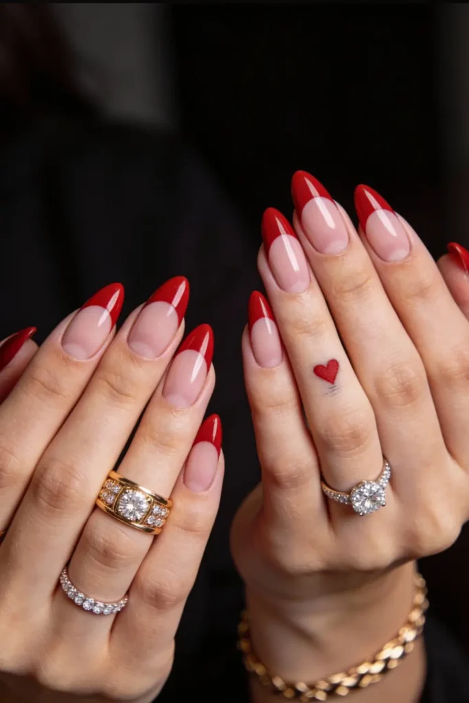Red French tip Valentine’s Day almond nails with nude base and glossy finish