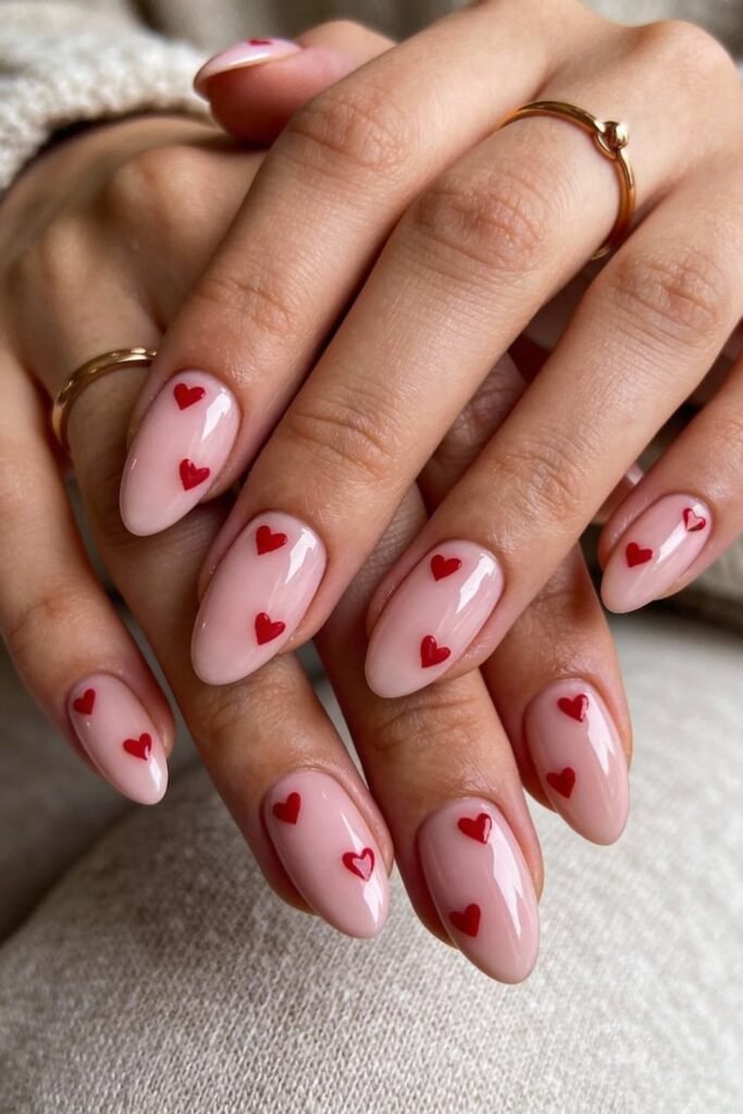 Blush pink Valentine’s Day nails with small red heart details and glossy finish