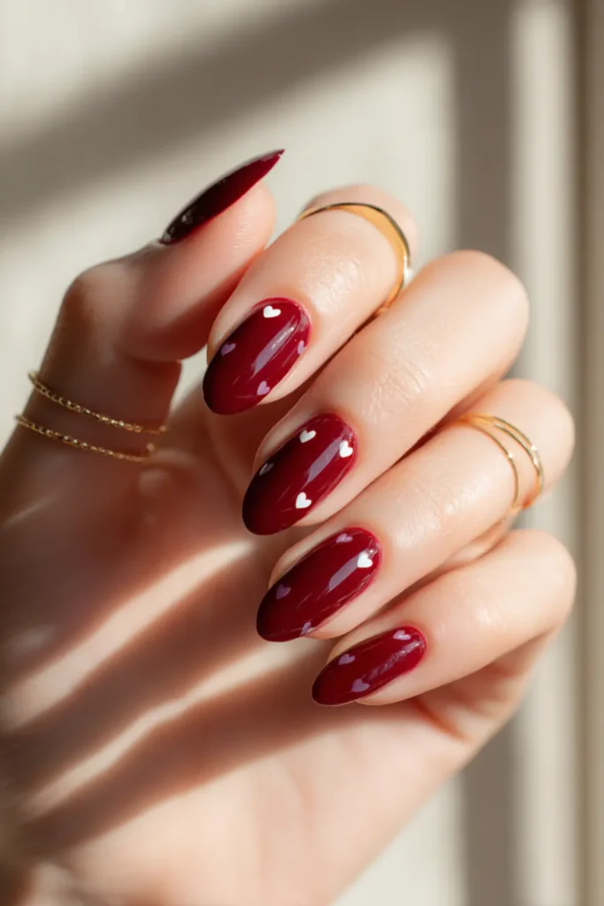 Deep red Valentine’s Day nails with small heart details and glossy finish
