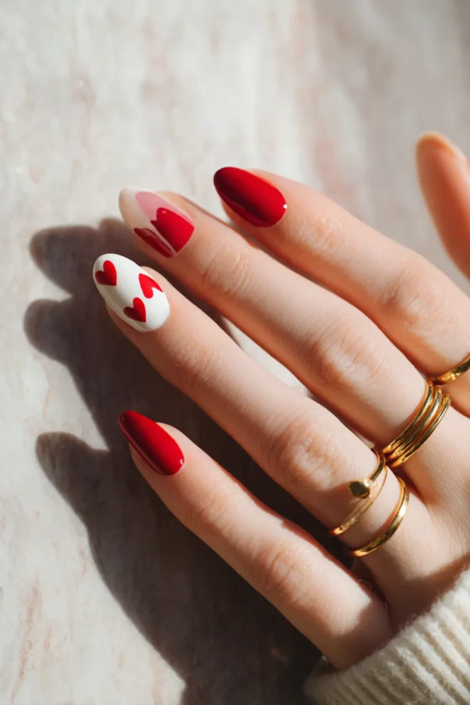 Red almond Valentine’s Day nails with heart accent and gold rings on fingers